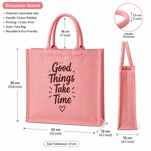 For Jute Shopping <b>Bag</b> with 'Good Things Take Time' Print Zipper Closure Hand Length Handle <b>Medium</b> <b>Size</b> AMANI - Product Image 2