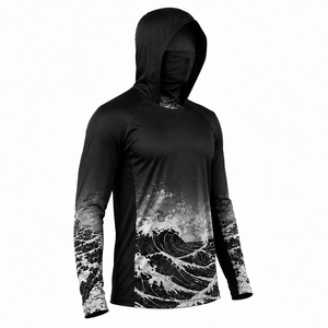 เสื้อเชิ้ตตกปลาผู้ชายสีดำมีฮู้ด แขนยาว พิมพ์ลายคลื่นด้วยเทคนิค Heat-Transfer น้ำหนัก 140 กรัม แห้งเร็ว UPF 50 ผลิตจากโพลีเอสเตอร์ สำหรับเล่นกีฬา - Product Image 3