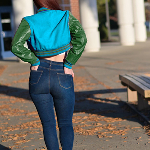<b>Womens</b> Varsity Crop <b>Jacket</b> <b>Light</b> Blue Green Letterman Style Bomber Coat Faux Leather Sleeves Casual Outerwear Ladies Fashion - Product Image 5