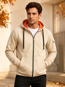 Sudadera con Capucha para Hombre, Color Beige Sólido, con Cierre, Forro Naranja y Bolsillo Delantero, Ropa Casual de Invierno, Impresión Digital - Product Image 4
