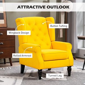 Poltrona Gialla con Schienale Alto per Soggiorno, Divano Trapuntato con Braccioli Rotondi e Gambe in Legno - Product Image 4