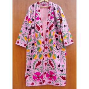 Handmade Elegant Pink Floral Embroidered Velvet Cotton Eco-Friendly Heated Long <b>Kimono</b> Women's Robe Full Sleeve Mandarin Collar - Product Image 1