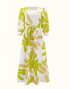 Women Floral Print Chiffon Midi Dress With Belt Long Sleeve O-Neck Loose Fit Casual Spring Summer Style - Product Image 2