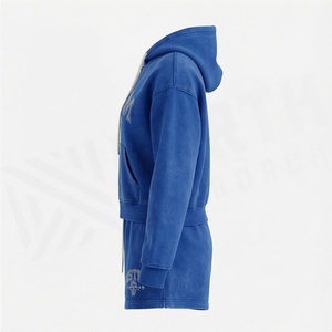 Blue Hooded Zip-Up Sweatshirt Women's Casual Sports Wear Rhinestone Letter Print Full Sleeve Knitted Cotton <b>Top</b> Regular Fit - Product Image 4