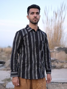 Artisan Crafted Indigo Dabu Hand-Block Printed Cotton Shirt for Men Traditional Geometric Motif Full-Sleeve Slim Fit Button-<b>Down</b> - Product Image 2