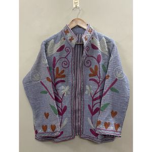 Floral Embroidered Cotton Winter <b>Jacket</b> <b>Women</b> Mandarin Collar Full Sleeve Open Front Handmade Design - Product Image 6