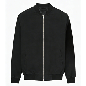 Men's Black Bomber <b>Jacket</b> Stand Collar Zipper Closure Casual Solid Color Polyester Regular Fit Autumn Wear - Product Image 1