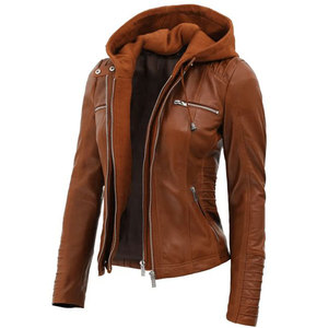 Premium Quality Women's Cognac Brown Real Lambskin Leather <b>Jacket</b> with Detachable Hood - Casual Slim Fit Moto - Product Image 1