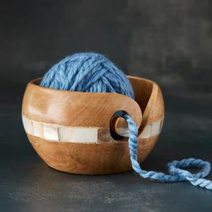 Handmade Wooden Yarn Bowl With Shell Inlay Blue <b>Wool</b> Knitting Accessory Minimalist Design For <b>Crafting</b> Gifting Decor Bowl Set - Product Image 1