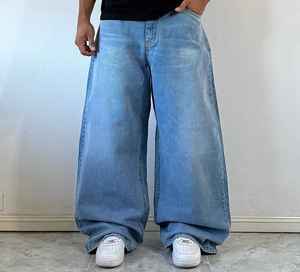 Men's Wide Leg Stonewashed <b>Denim</b> Jeans Elastic Waist Casual Pants Breathable Cotton Canvas <b>Material</b> Spring Style - Product Image 4