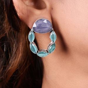 Pendientes de estilo bohemio, tribal y étnico, de latón con baño de plata antigua, para mujer, para bodas, con incrustaciones de piedra Monalisa, geométricos, colgantes y llamativos - Product Image 5