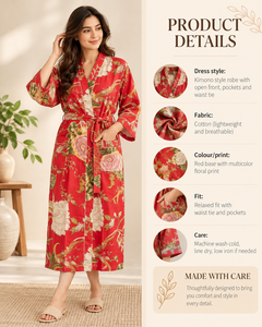 Robe Kimono en Coton Rouge à Motifs Floraux - Peignoir Long Imprimé à la Main - Vêtement de Nuit Bohème à Col en V - Kaftan Longue Épaisseur - Product Image 4