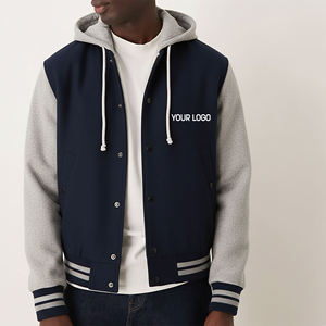 Blouson universitaire homme gris marine en polaire décontracté pour l'automne, simple boutonnage avec logo sur le devant, respirant, coupe-vent, doublure en laine - Product Image 4