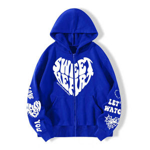 Sweat à capuche zippé imprimé cœur pour homme, coupe oversize streetwear, bleu, coupe classique, en molleton bouclette - Product Image 1
