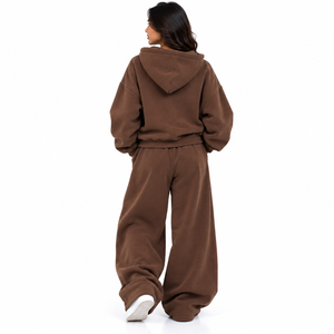 Women's Oversized Hoodie Tracksuit Brown 100% Cotton Wide Leg Trousers Full <b>Zip</b> <b>Hooded</b> Jacket Custom Logo Winter Wear Set - Product Image 3