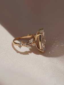 <b>Vintage</b> Marquise Cut Lab Diamond Engagement <b>Ring</b> , Nature Leaf Design , 14K <b>Gold</b> Art Deco , IGI Certified - Product Image 2