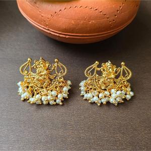 Ganesha Bezel Set Pearl Drop Hoop Earrings in Rose Gold Plated - Product Image 1