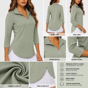 เสื้อกอล์ฟผู้หญิงสีเขียวเซจ แขนสั้น คอวี สีพื้น ผ้าสแปนเด็กซ์/ไนลอนยืดได้สี่ทิศทาง แห้งเร็ว แบบถัก สปอร์ต - Product Image 3