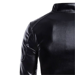 Veste de moto en cuir véritable pour homme, nouvelle collection automne-hiver, coupe slim, col montant, logo sur le devant, imperméable - Product Image 5