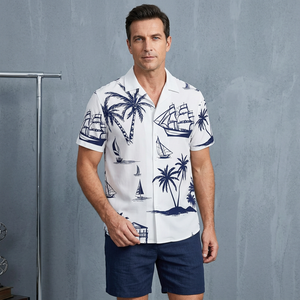 Conjunto de Camisa y Pantalones Cortos de Verano para Hombre, Estampado de Palmeras y Veleros en Azul, Tejido Transpirable de Secado Rápido, 140g - Product Image 3