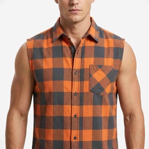 High Quality Custom Loose Fit Men's Sleeveless Plaid Flannel <b>Shirt</b> Orange <b>Black</b> Check Turn-down Collar Casual Autumn Wear <b>Shirt</b> - Product Image 4