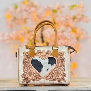 Bolso de Mano de Cuero Vacuno de Lujo con Diseño Floral en Relieve, Cierre de Cremallera con Recorte en Forma de Corazón, Bolso Duradero para Mujer - Product Image 2