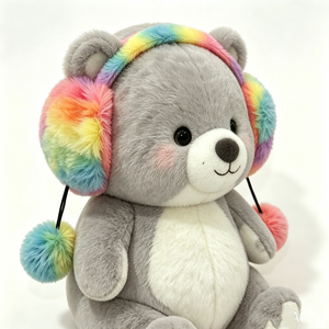 Orejeras de peluche de oso arcoíris personalizadas, orejeras de peluche de oso con pompón, oso de peluche gris esponjoso, orejeras de peluche de arcoíris pastel - Product Image 3