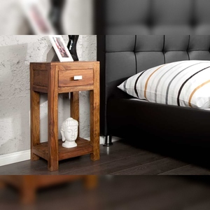Vandana Modern Texture Wood <b>Side</b> <b>Table</b> MAKASSAR 70cm Brown Sheesham Stone Finish with Storage Space <b>Bedroom</b> Furniture - Product Image 1