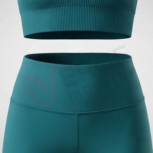 Ensemble 2 pièces de yoga pour femme : Crop top côtelé vert sarcelle sans manches à col rond et leggings taille haute - Product Image 5
