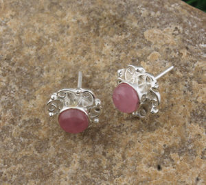 Pendientes de Jade Rosa Natural, Plata de Ley 925, Gema Redonda para Mujer, Joyería de Lujo para Fiesta, Hechos a Mano, Venta al por Mayor - Product Image 5