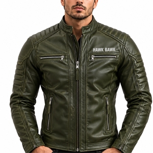 Veste en cuir de vachette à col montant slim avec fermeture éclair pour homme, modèle moto en cuir véritable, très populaire - Product Image 1