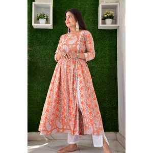 Conjunto de Kurta de Algodón Transpirable con Estampado Floral para Mujer en Naranja Brillante, Talla XS - Product Image 3