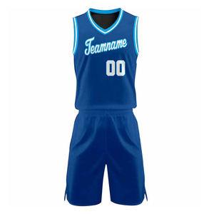 Ensemble de maillot de basket-ball bleu personnalisé, col en V, sans manches, sublimé, nom de l'équipe, numéro du joueur 00, polyester respirant, unisexe, adulte - Product Image 3