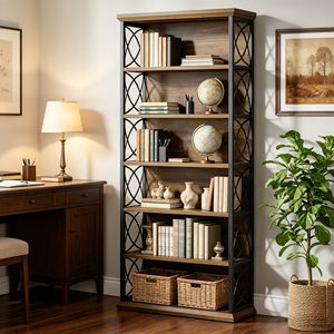 Libreria Angolare Rustica con Ripiani, Mobile per Soggiorno e Camera da Letto con Vano Portaoggetti, Pannello in MDF per Casa, Ufficio e Hotel - Product Image 5