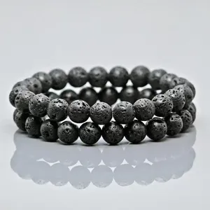 Bracelet extensible unisexe tendance en perles de pierre de lave noire naturelle de 8 mm, lisses et en forme de boule, bijoux de guérison, vente en gros - Product Image 5