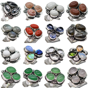 Lote al por mayor de 100 anillos de piedras preciosas naturales bañados en plata con tres gemas, surtidos, con engaste de bisel, para mujer, bodas y fiestas - Product Image 2