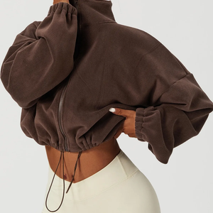 Veste polaire personnalisée avec logo, coupe ajustée, pour femme, vert lime, fermeture éclair intégrale, col montant, sweat-shirt, ourlet réglable à boutonnière, manteau d'hiver - Product Image 4
