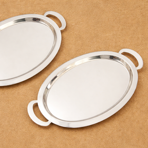 Bandeja ovalada moderna de acero inoxidable con asas, acabado espejo, plato metálico para servir comida, té, café, vajilla para hoteles y restaurantes. - Product Image 1