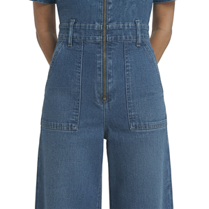 <b>Women's</b> Denim Overalls <b>Short</b> Sleeve High Waist Zip Front Wide Leg Casual Summer Style - Product Image 5