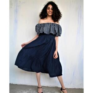 Vestido Mini de Verano para Mujer con Cuello en V, Top con Volantes a Rayas y Falda Escalonada Azul Marino, Cintura Elástica, 100% Algodón Ecológico - Product Image 1