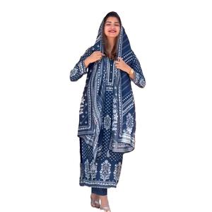 PANTALÓN TOP DE TRABAJO CON ESTAMPADO DIGITAL DE MUSELINA PURA ATRACTIVA CON DUPATTA AZUL MARINO - Product Image 3