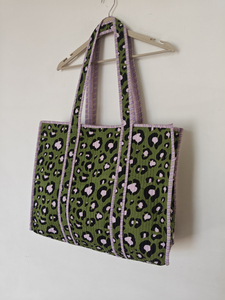 <b>Laptop</b> <b>Sleeve</b> <b>Bag</b> Green Leopard Print Quilted Cotton Textile Shoulder Strap Large Capacity Casual Daily Use Shree Balajee - Product Image 3