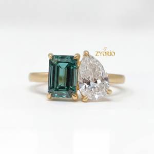 Bague de fiançailles moderne en or massif 14 carats avec diamant de laboratoire taille émeraude et poire de 3,12 carats, clarté VVS, design Toi et Moi, bijoux pour femme - Product Image 6