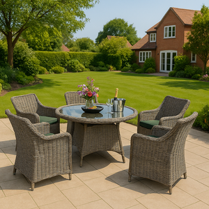 Ensemble de salle à manger en rotin avec table ronde en verre et parasol, mobilier de jardin moderne en osier pour villa, complexe hôtelier et terrasse - Product Image 4