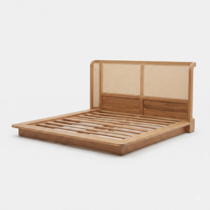 Teak Wood <b>Bed</b> <b>Frame</b> Natural <b>Rattan</b> Cane Headboard Solid Timber Platform <b>Bed</b> for Hotel Resort Villa Hospitality Projects Bulk - Product Image 3