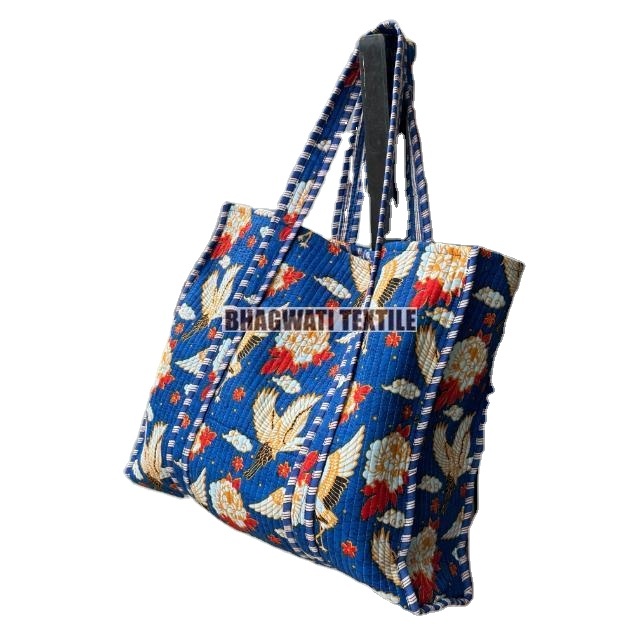 Wholesale Lot Of Cotton Quilted Bohemian Style Handmade Women's Fashion Casual Bags Floral Printed Zipper Closure Shopping Bag