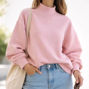 เสื้อสเวตเชิ้ตคอเต่าทรงโอเวอร์ไซส์สำหรับผู้หญิง แต่งขอบคอ ขอบแขน และชายเสื้อแบบริบตัดสี ผ้าฟลีซหนานุ่ม - Product Image 1