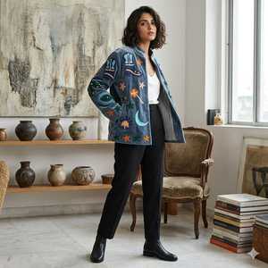 Suzani Embroidered Quilted Knitted Velvet Bomber <b>Jacket</b> Handcrafted Floral Boho Statement Wear Full Sleeve Eco-Friendly Autumn - Product Image 4