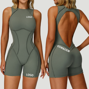 Women Solid Color Backless <b>Yoga</b> <b>Bodysuit</b> High Waist Seamless Racerback Gym Fitness Wear Short Sleeveless One Piece Spandex - Product Image 1