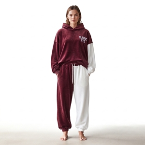 Conjunto Deportivo de Terciopelo para Mujer, Dos Tonos, Sudadera Holgada con Hombros Caídos, Manga Larga, Puños Acanalados, Cordón Ajustable, Pantalones Deportivos en Contraste Blanco y Marrón - Product Image 1